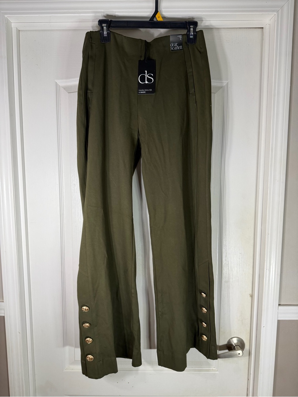 Dear Scarlett Gala Pant Olive Green with Gold Button Detail wide leg Size L - Picture 5 of 5